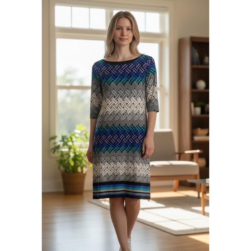 Jessica Howard Dress Womens Sz 10 Blue Grey Slinky‎ Travel Knit 3/4 Sleeves